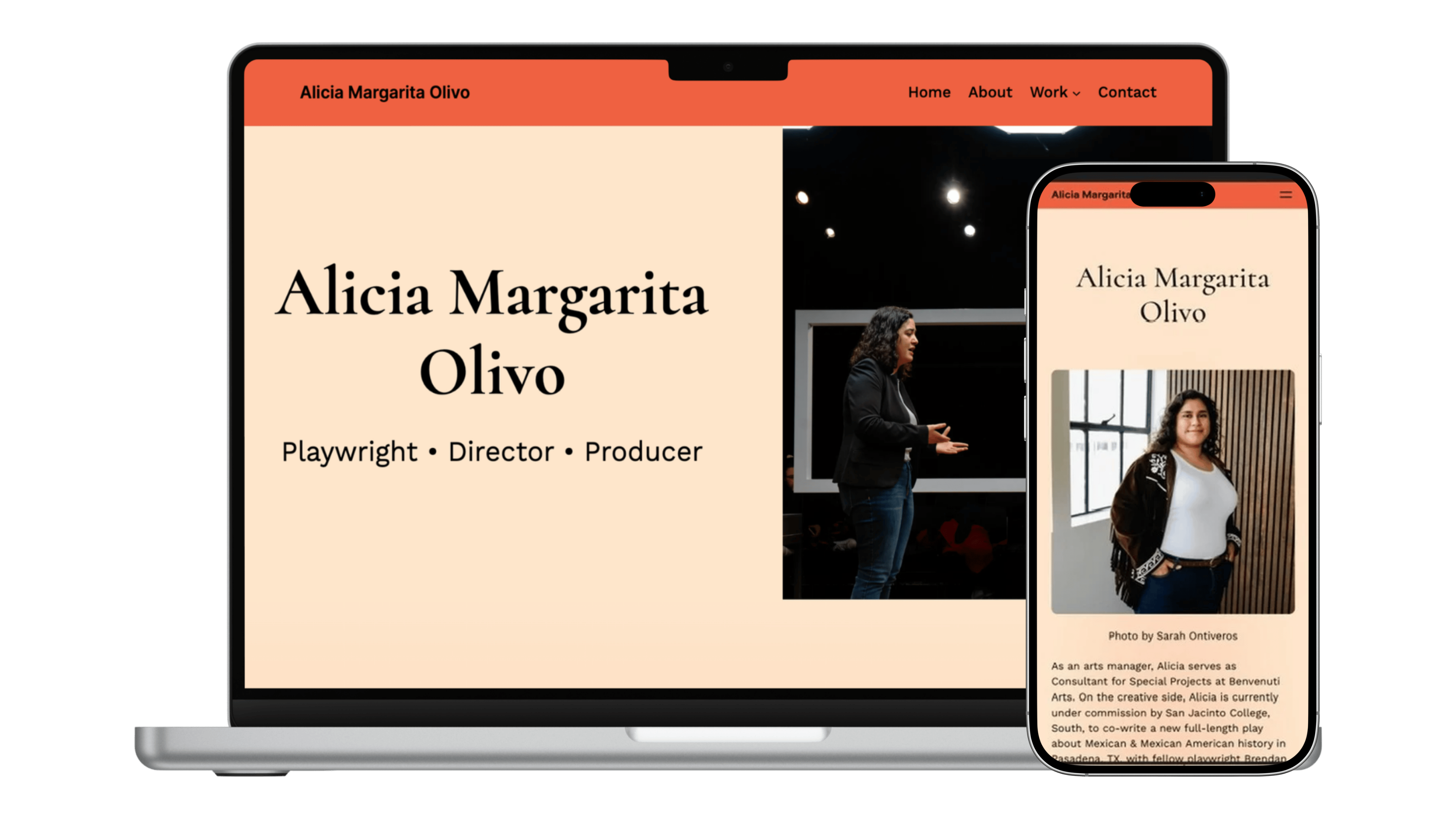 Image of Alicia Margarita Olivo's about page on a laptop and phone