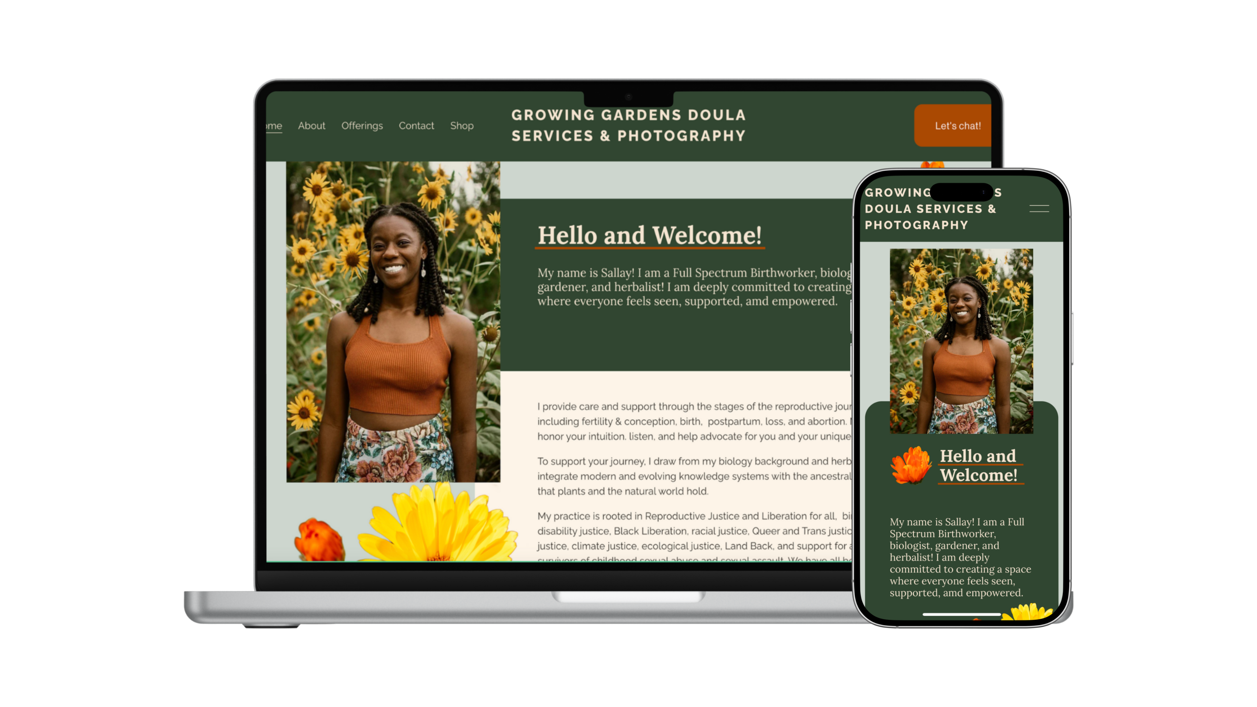 Image of Growing Garden's Doula Services home page on a laptop and phone