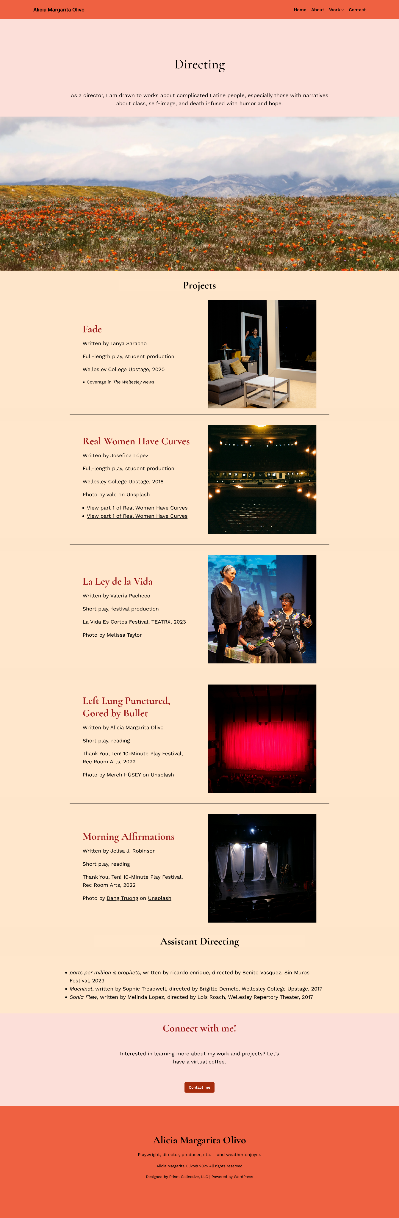 Screenshot of the Alicia Margarita Olivo's “Directing” page with a navigation menu at the top, “Directing” for the heading, descriptive text about the director’s artistic focus, and a gallery of project entries each with a thumbnail image and title for plays and productions.