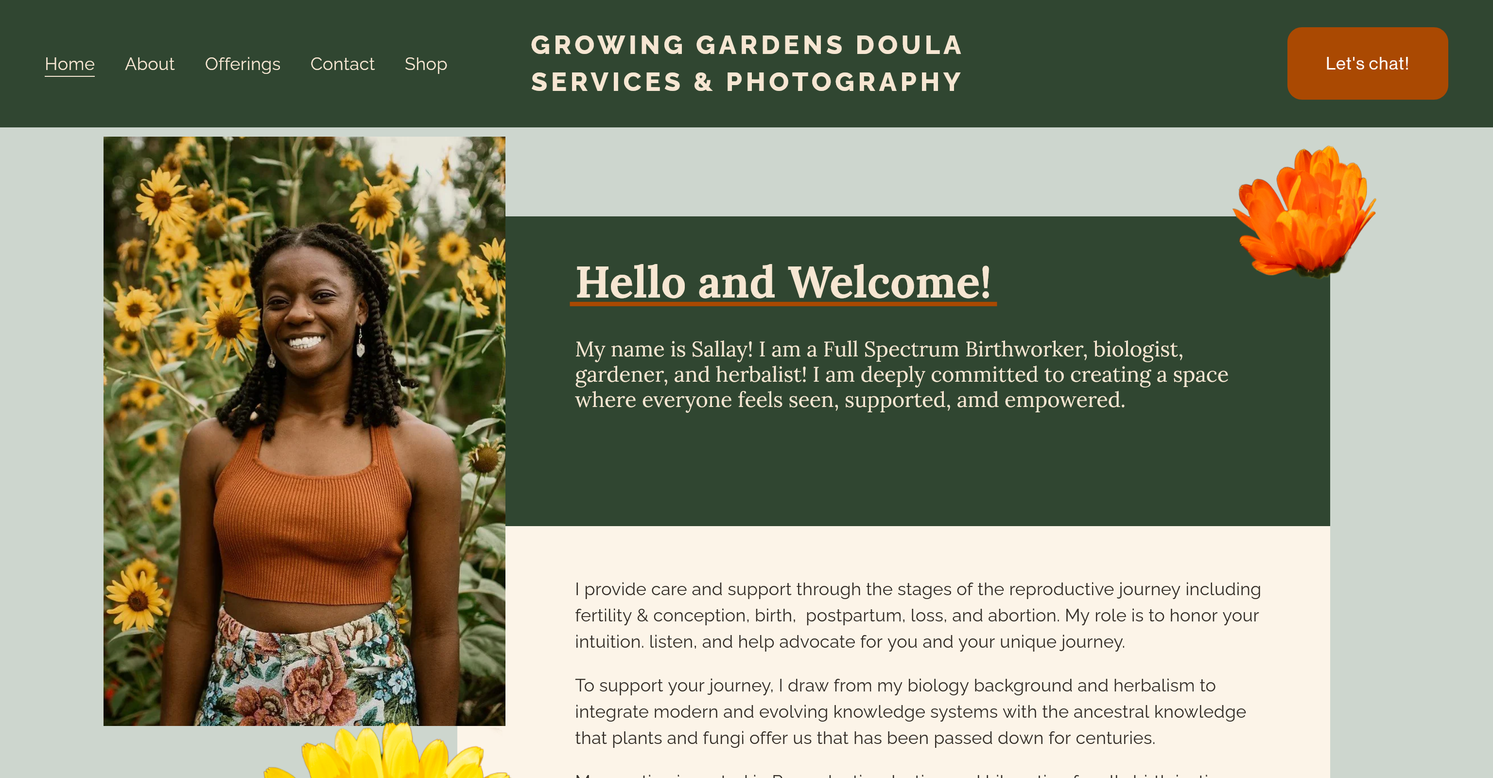 Screenshot of the Growing Gardens Doula Services & Photography's homepage Below are navigation links (Home, About, Offerings, Contact, Shop). There is a picture of the dolua and a intro talking about her services