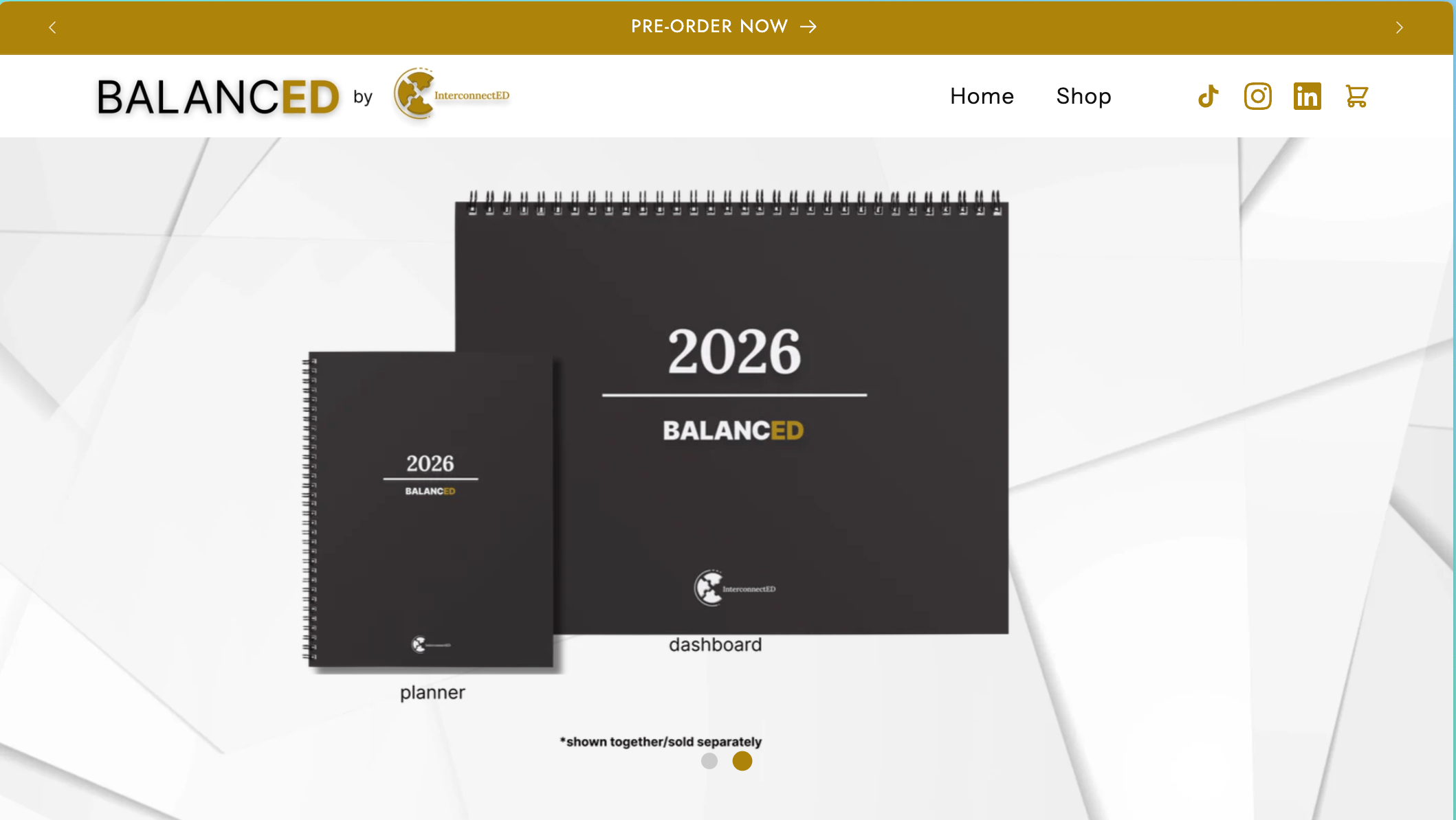 Screenshot of the homepage of Balanced. It includes a navigation menu and the Balanced planner and dashboard in black
