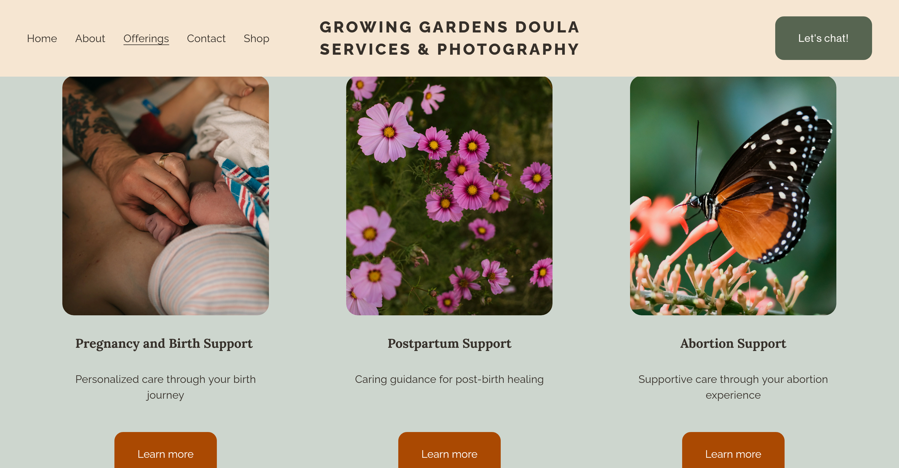 Screenshot of the services page. Services include, "Pregnancy and Birth Support", Postpartum Support", and "Abortion Support"